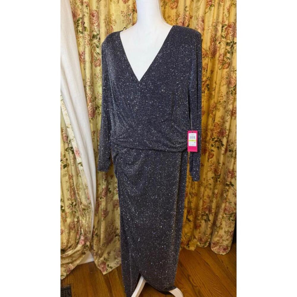 Vince Camuto Blue Sparkle Maxi V-neck Dress Size 14W NWT